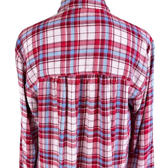 Anthropologie Pilcro Red Blue Pink Plaid Soft Knit Long Sleeve Button Up Shirt - Picture 6 of 11